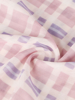 Ruched tied maxi dress in 100% polyester with a pink and purple checkered pattern.