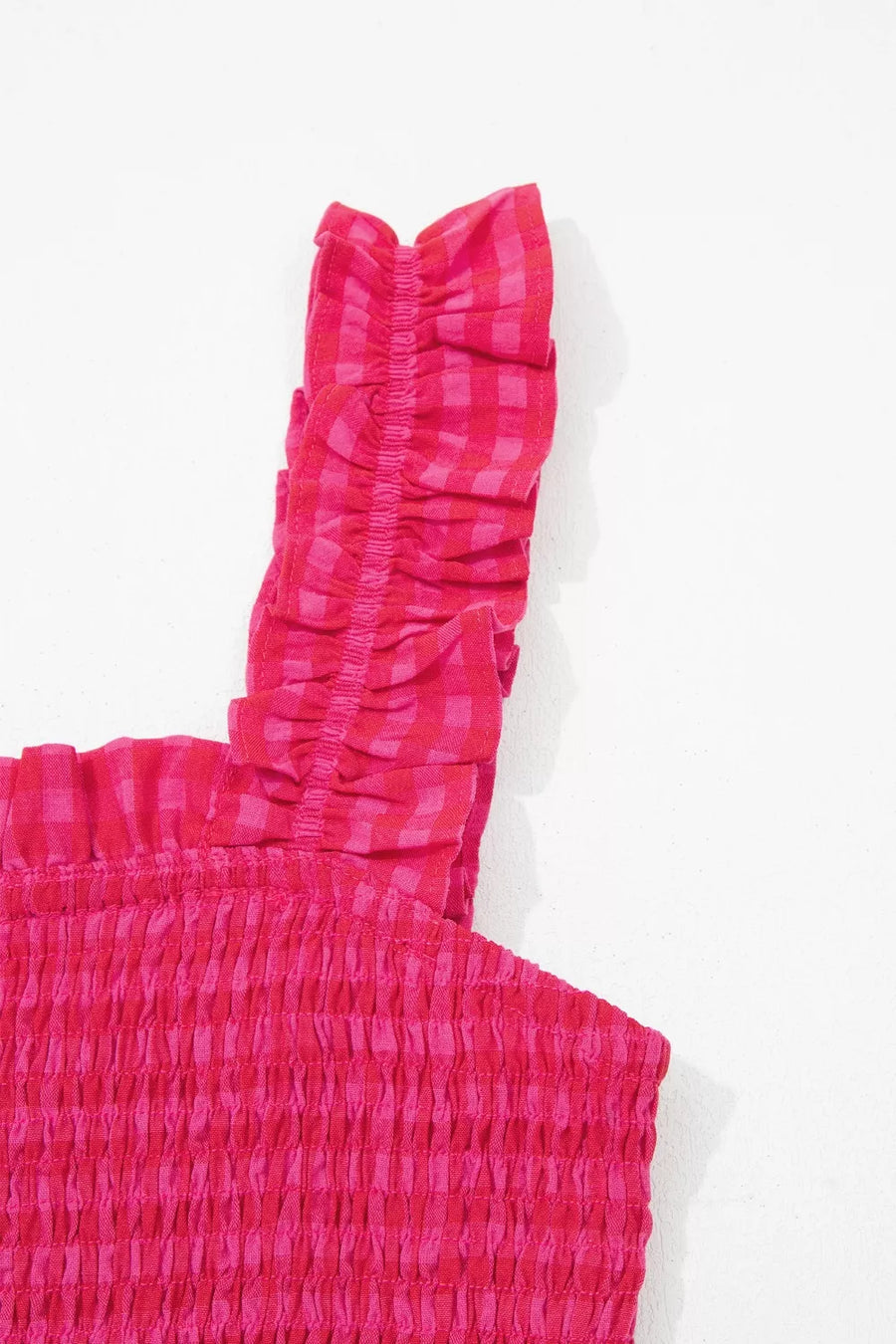 Charming Plaid Fit-and-flare Sundress in deep rose with smocked bodice and ruffled strap.