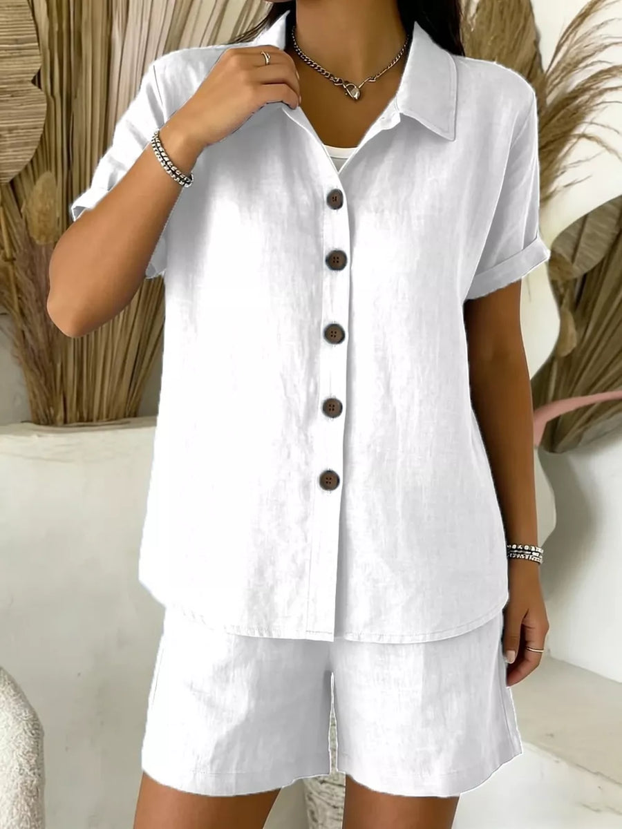 Khaki Full Size Button-up Shirt And Shorts Set Plus Size