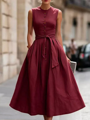 Gold Sleeveless Button-front Belted Midi Dress Plus Size