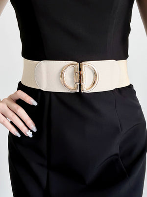 Cream elastic waist belt with gold double D buckle detail