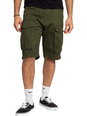 Army green cargo bermuda shorts with multiple utility pockets.