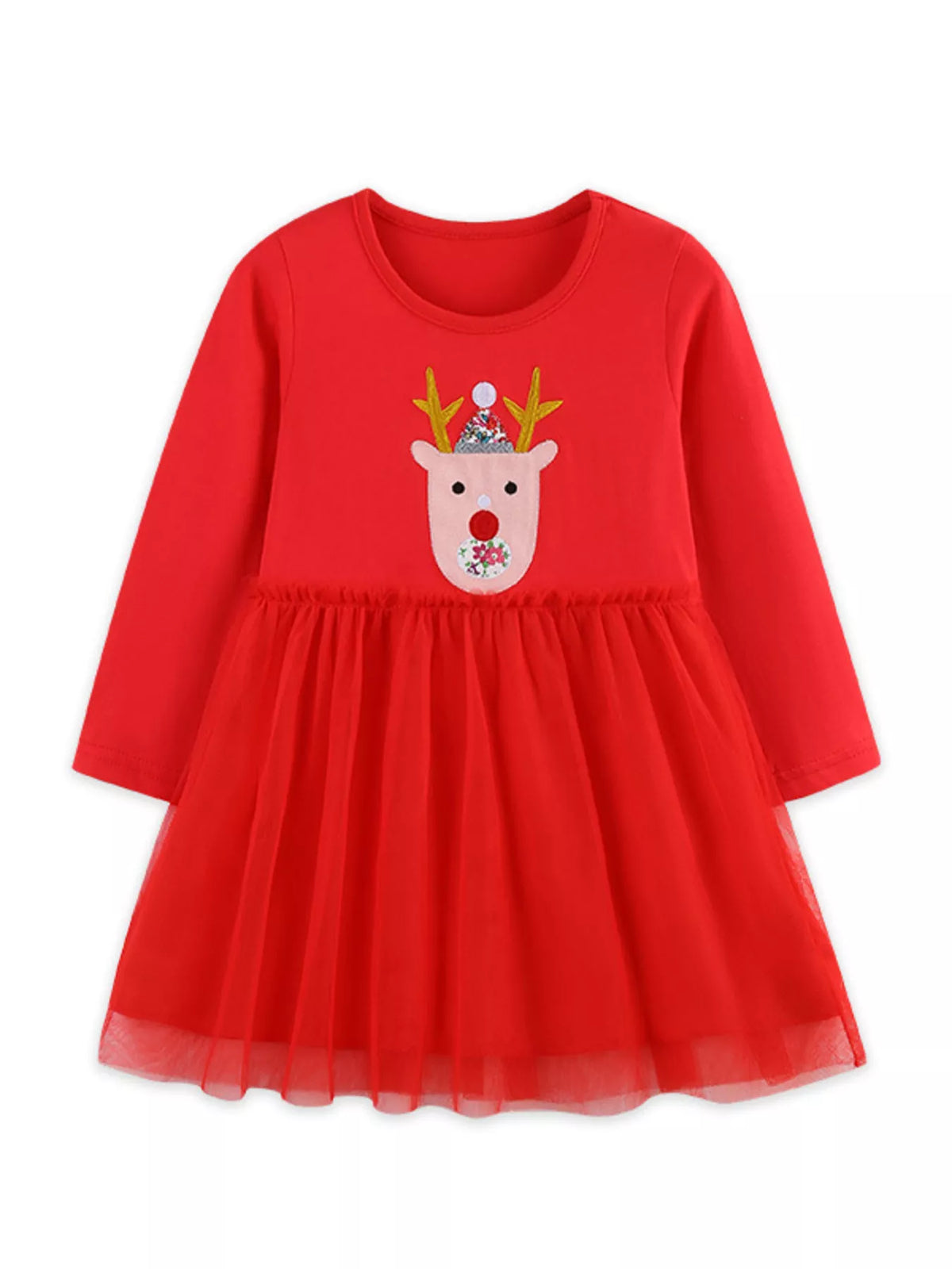 Red long sleeve cotton dress with reindeer applique and tulle skirt