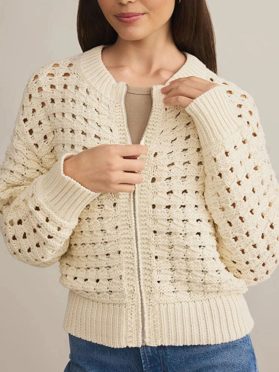 Beige openwork zip-up cardigan with crew neck and ribbed cuffs and hem.