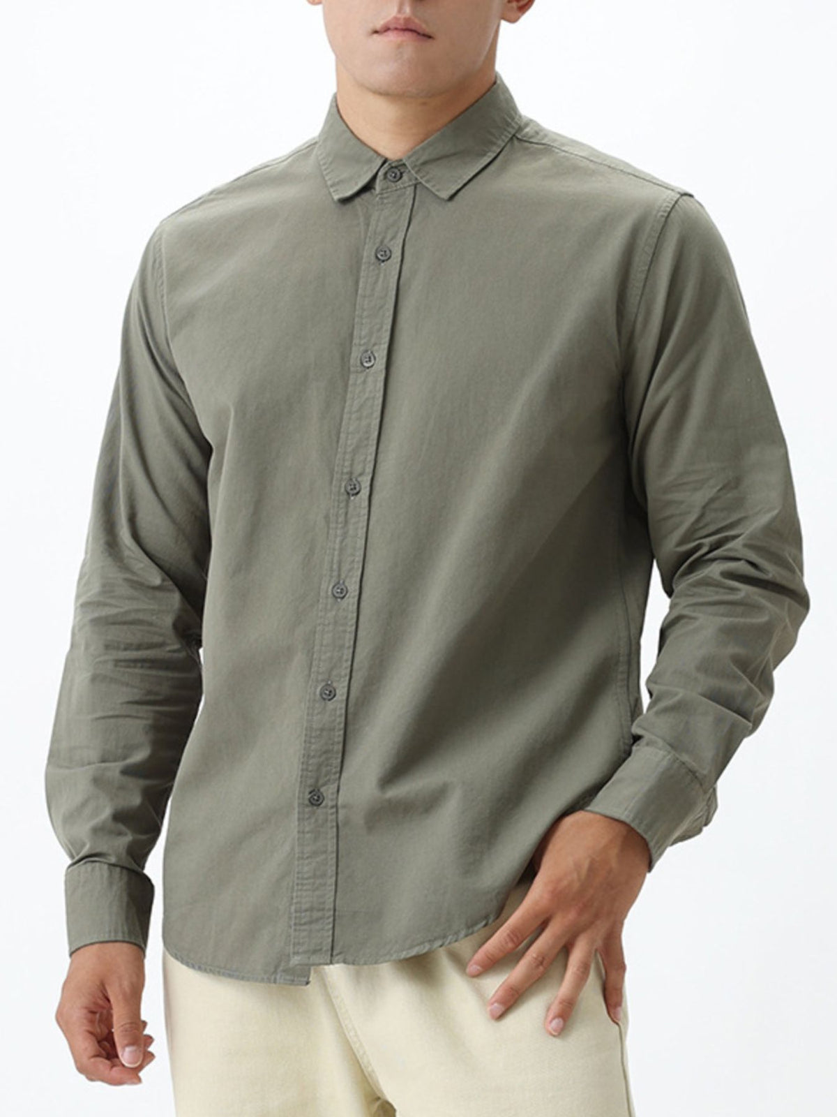 button-down shirt in olive green featuring button cuffs and regular fit