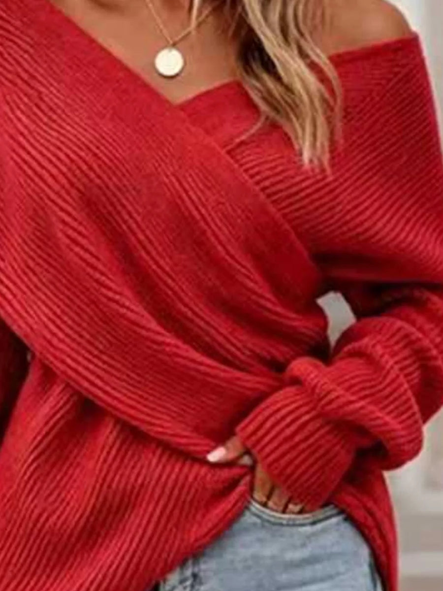Crisscross Ribbed Knit Long Sleeve Sweater in Gray