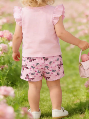 Pink ruffled sleeve baby undershirt with butterfly print shorts.