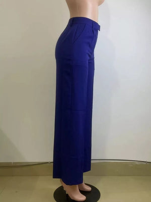 Dark blue high-waisted wide-leg trousers with a relaxed fit and side pockets.