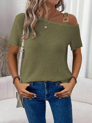 Moss green waffle knit one-shoulder t-shirt with gold buckle detail on strap.