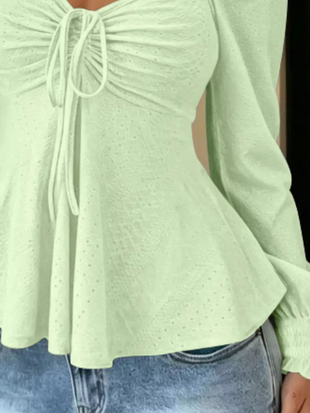Ruched Sweetheart Neck Long Sleeve Top in Sky Blue