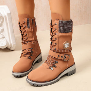 Fabric Round Toe Lace Up Boots in Brown with round toe