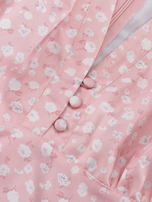 Pink floral print dress with V-neck and button detail
