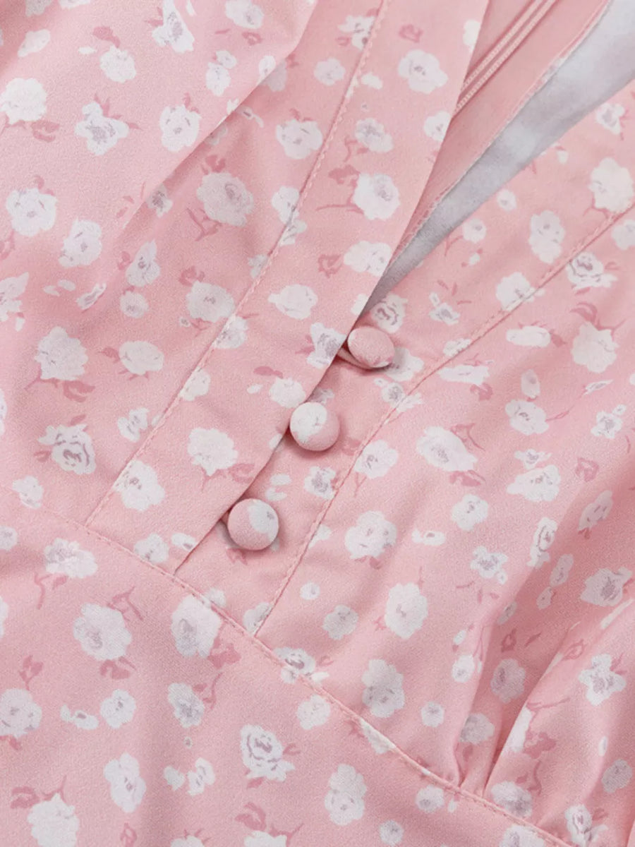 Pink floral print dress with V-neck and button detail