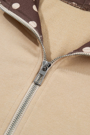 Polka Dot Zip-Up Hoodie in Camel with pocketed