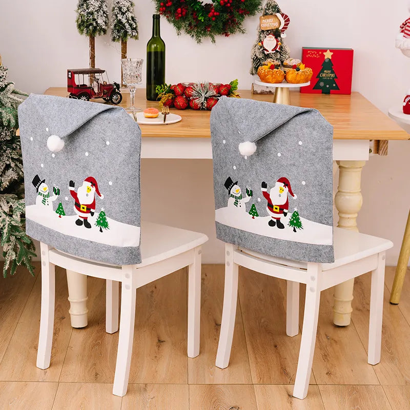 Gray chair cover with Santa and snowman appliqu, festive holiday scene, pom pom detail