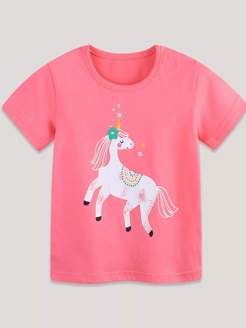 Pink cotton toddler t-shirt with a white unicorn graphic and a flower detail.