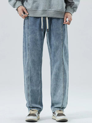 Light blue 100% cotton men's jeans with drawstring and loose fit