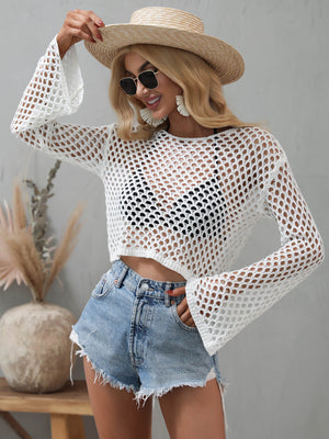 White open-knit acrylic crop top with bell sleeves and a round neckline.