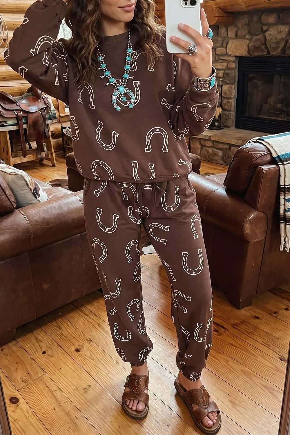 Western Print Elastic Waist Pocket Pant Set in Coffee Brown