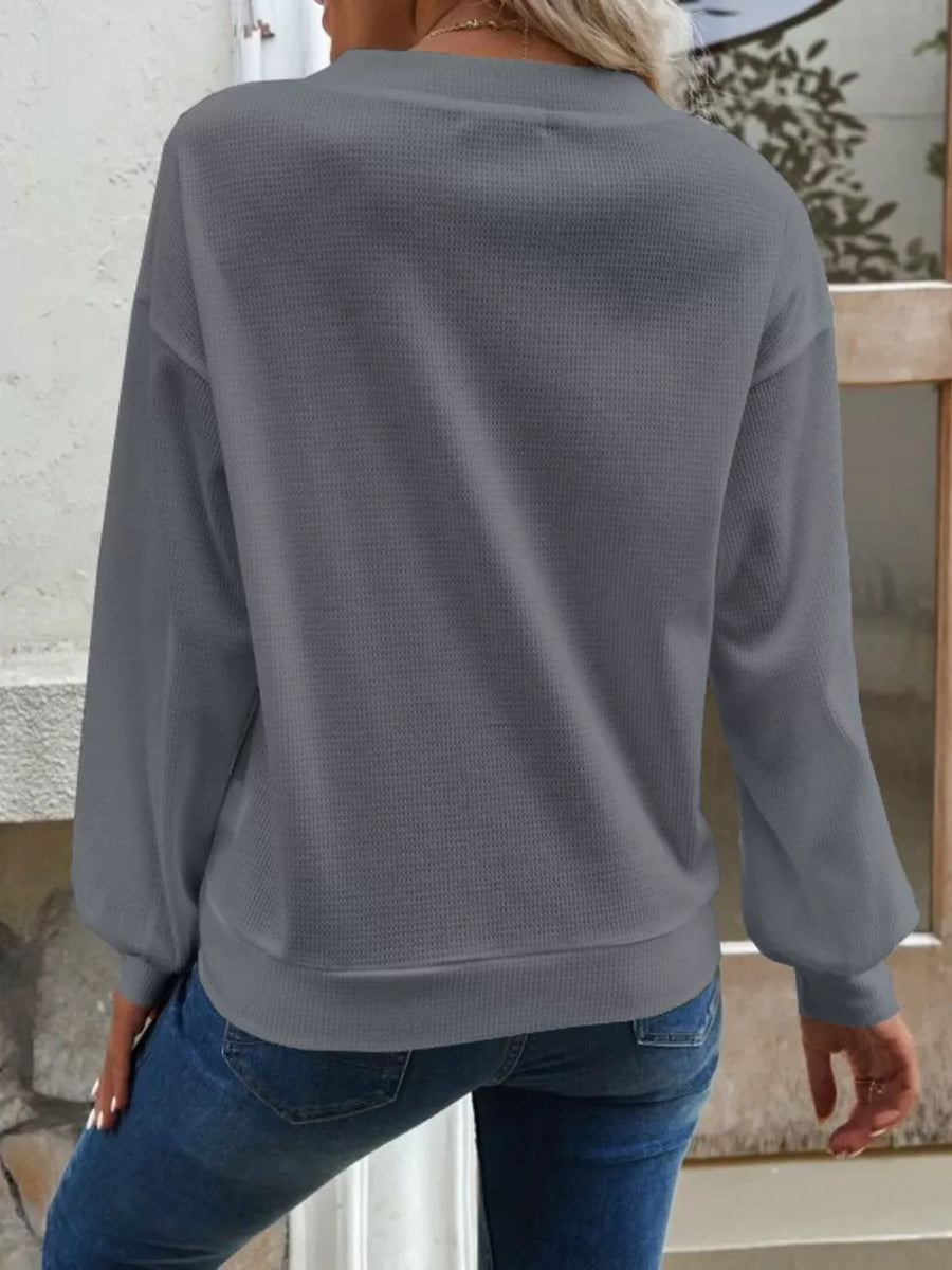 Casual V-neck Waffle Long Sleeve Top in Blue