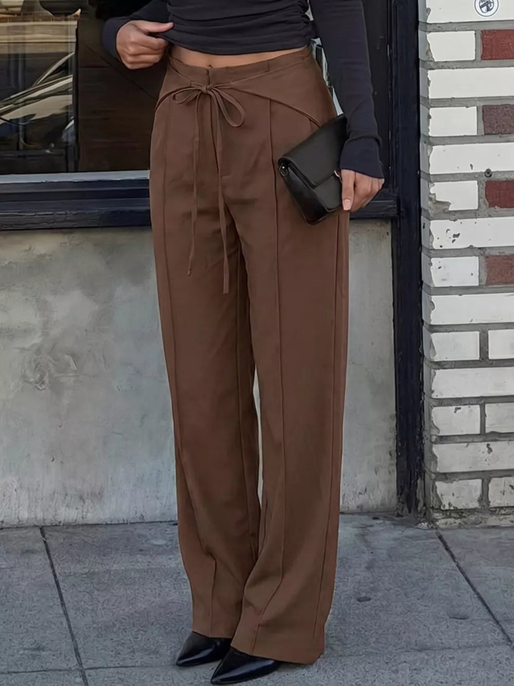 wide-leg pants in cocoa brown featuring high-waisted and flared fit