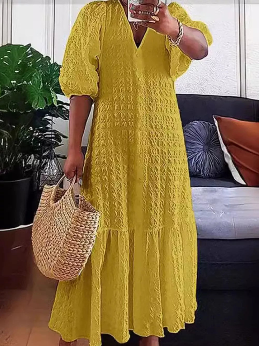 Elegant Puff Sleeve Textured Maxi Dress Plus Size in White