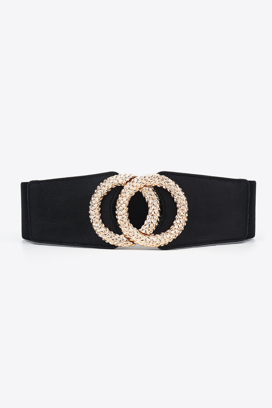Black elasticated waist belt with textured gold double ring buckle