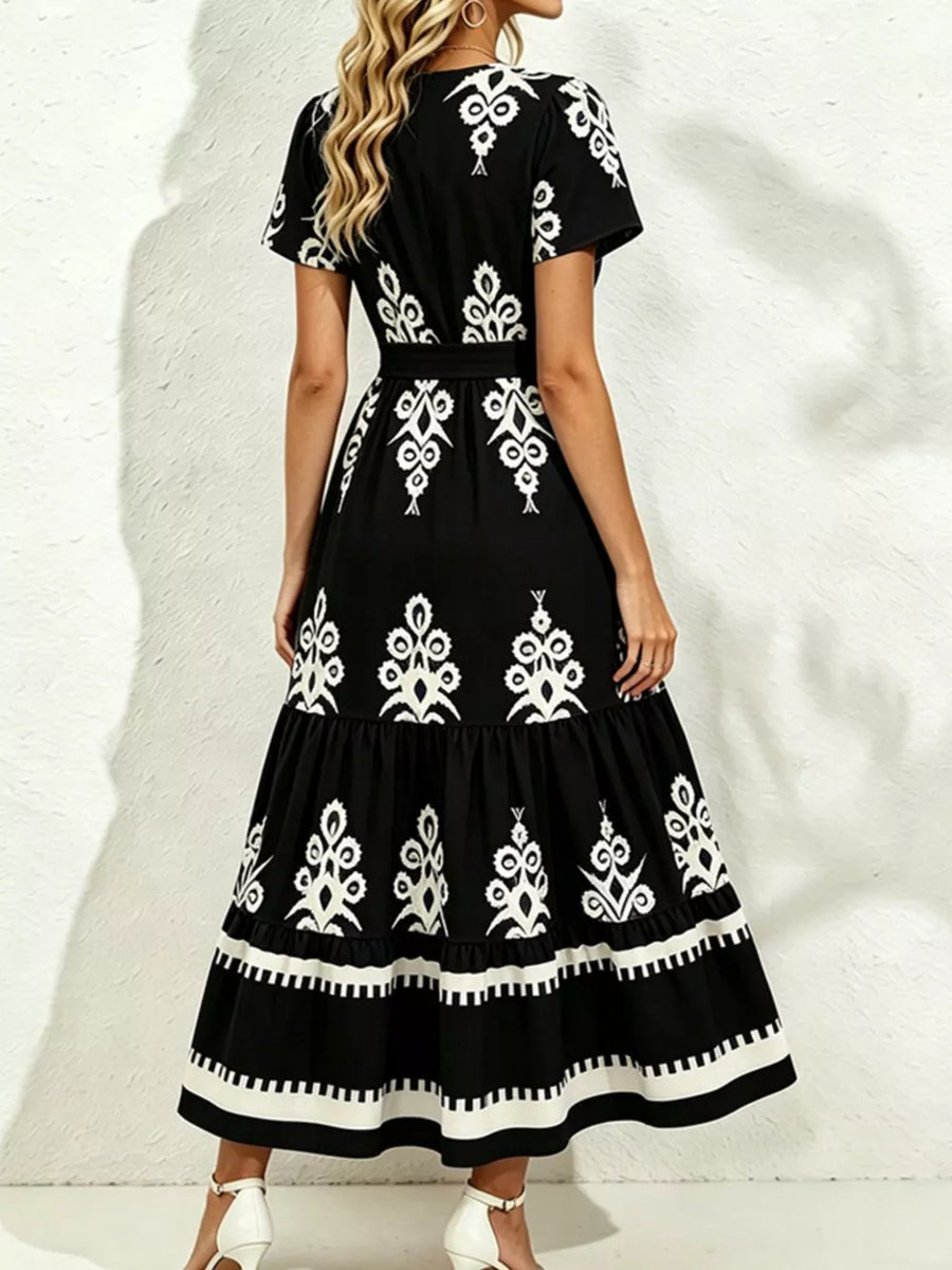 Ivory with Printed Surplice Short Sleeve Dress