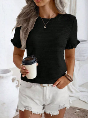 Black textured t-shirt with ruffle sleeves and crew neck.