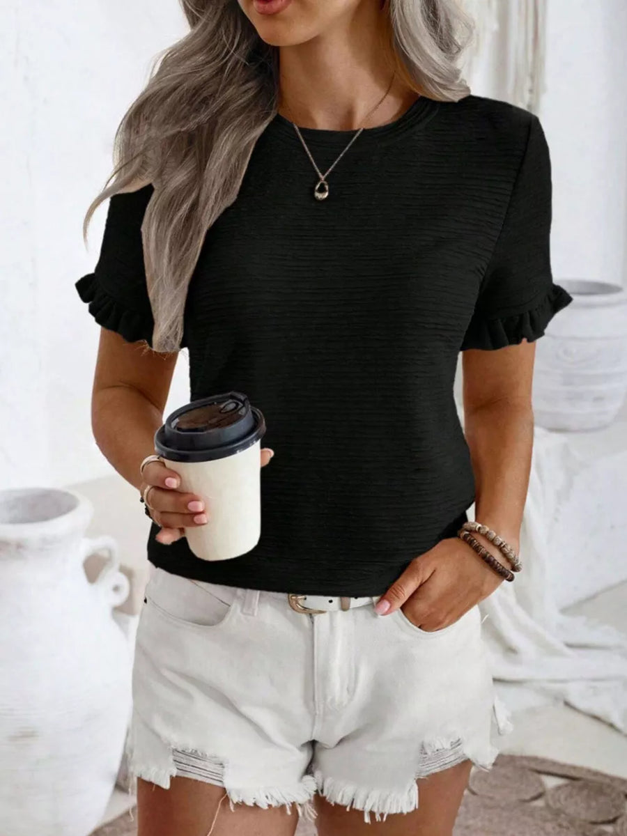 Black textured t-shirt with ruffle sleeves and crew neck.