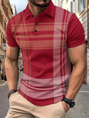Deep Red geometric polo shirt with graphic panel detail and short sleeves.