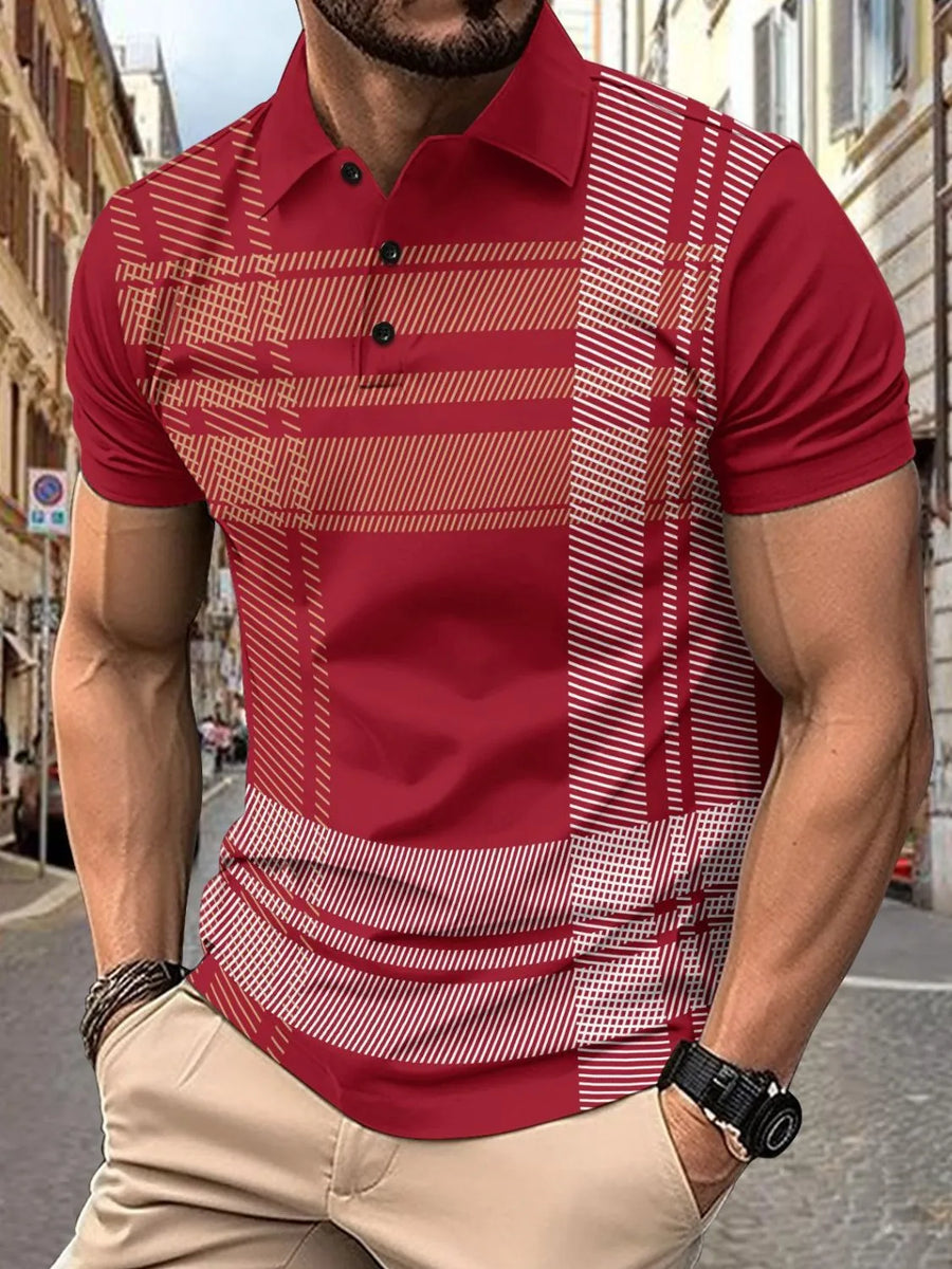 Deep Red geometric polo shirt with graphic panel detail and short sleeves.