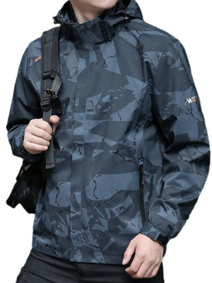Plus-size windbreaker jacket in dark gray with a geometric camouflage pattern and zippered pockets.