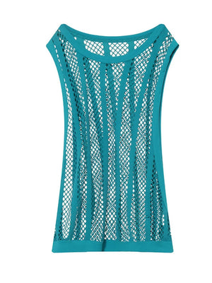 Teal mesh tank top with vertical stripe pattern and crew neck.