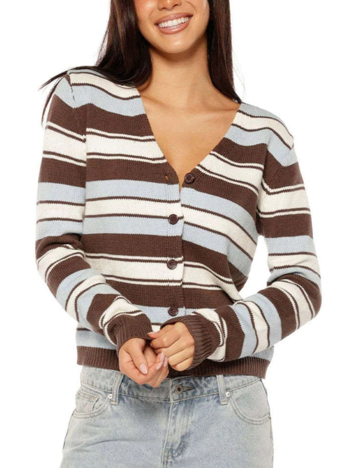 brown cardigan with striped and v-neck