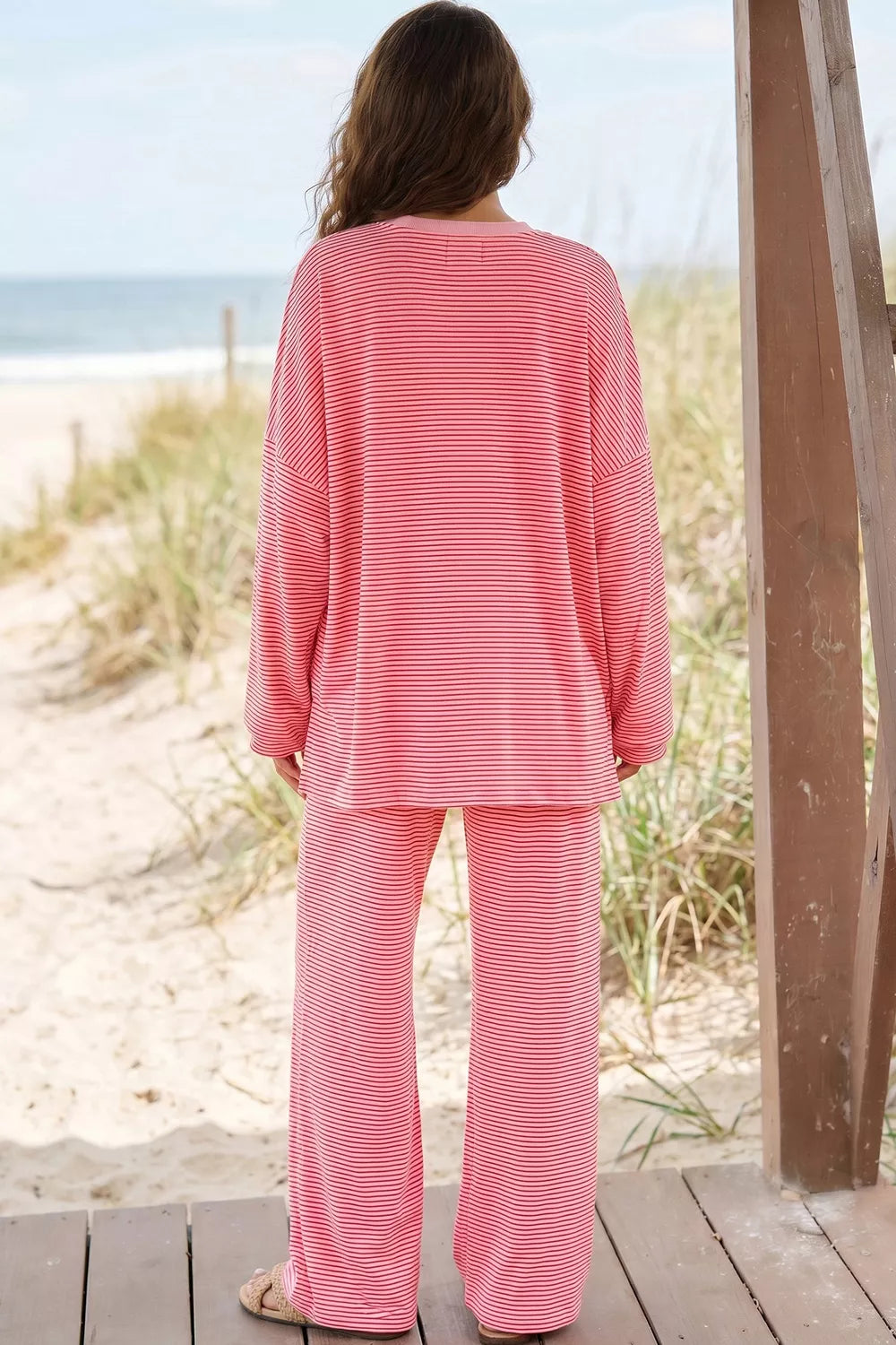 Striped Drop Shoulder Long Sleeve Top And Pants Set in Dusty Pink