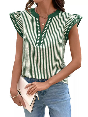 Green and white striped blouse with ruffle sleeves and V-neck