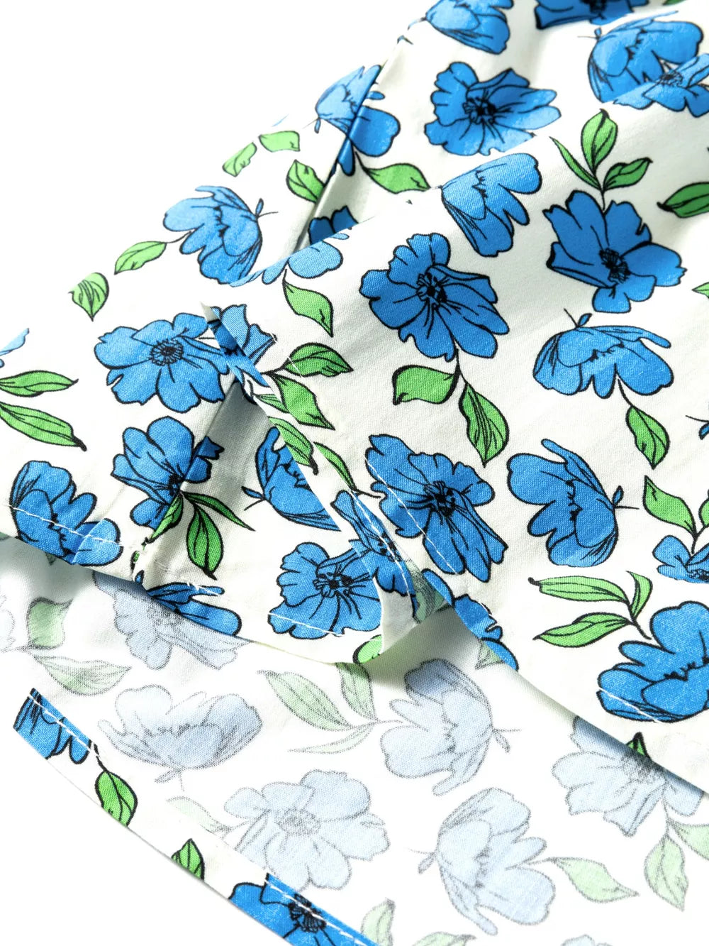 Cotton blouse with blue floral print and ruffle sleeves.