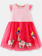 Toddler dress with pink stripes and embroidered elephants on a pink tulle skirt.