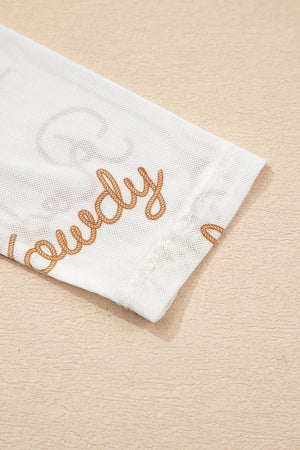 White sheer mesh shirt with brown rope-style text detail