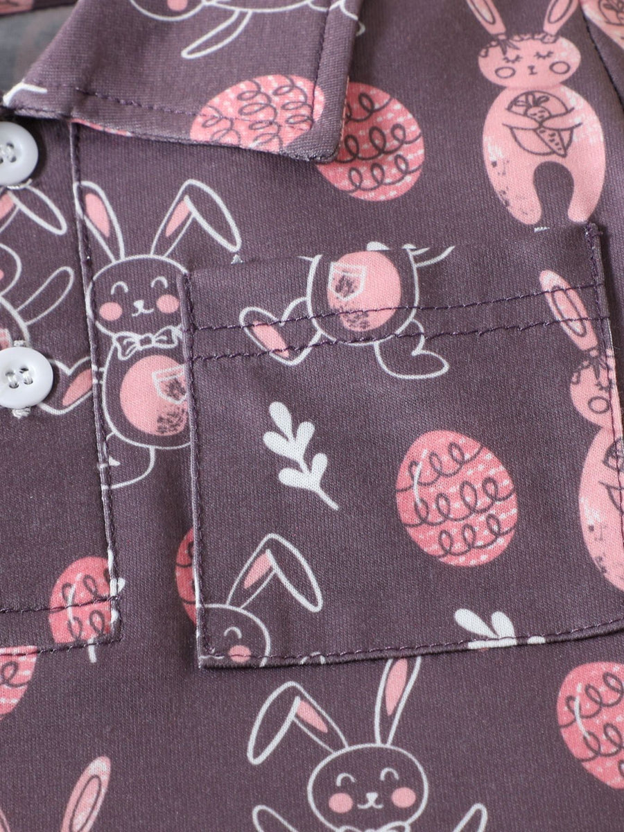 Baby cotton shirt with bunny and Easter egg print, featuring a pocket and button closure.