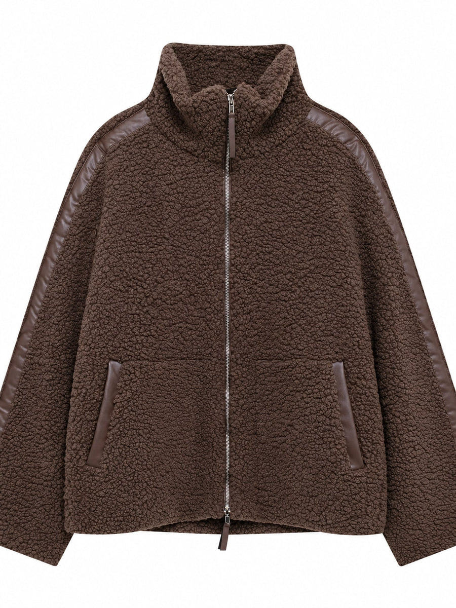 Off White-Ribbed sherpa jacket with pocketed and long sleeve