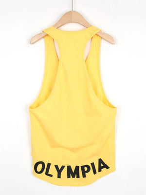 Yellow Olympia racerback tank top with bold text detail