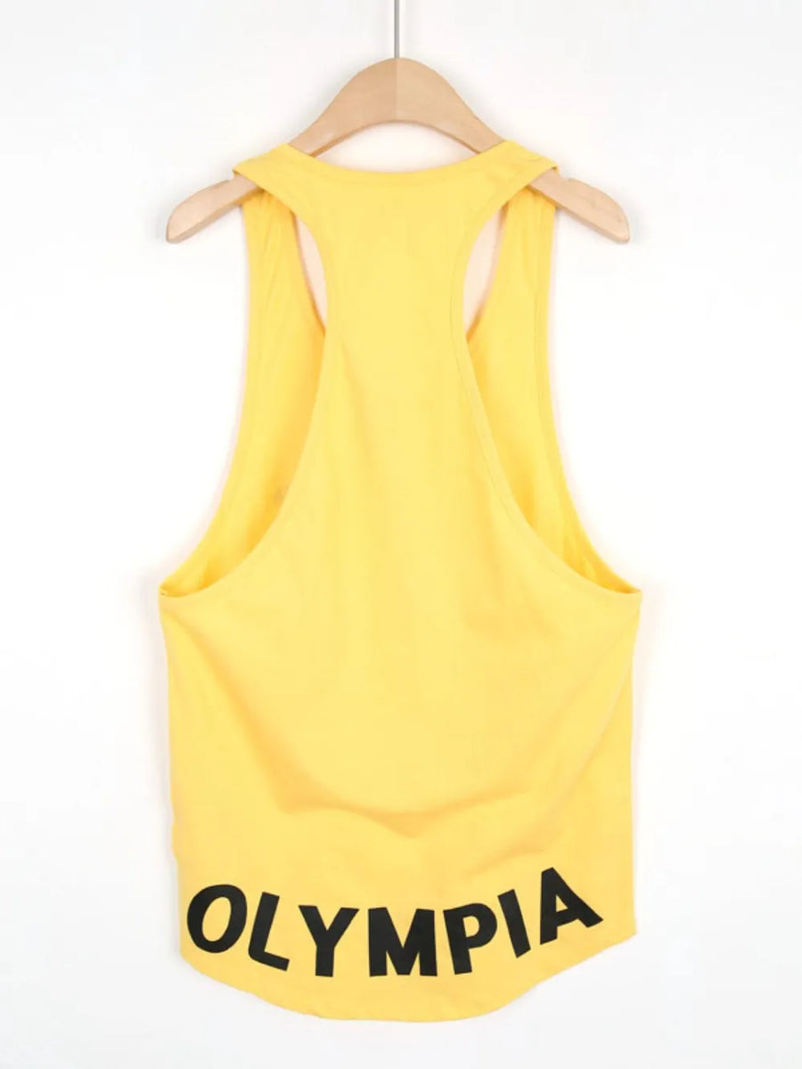 Yellow Olympia racerback tank top with bold text detail