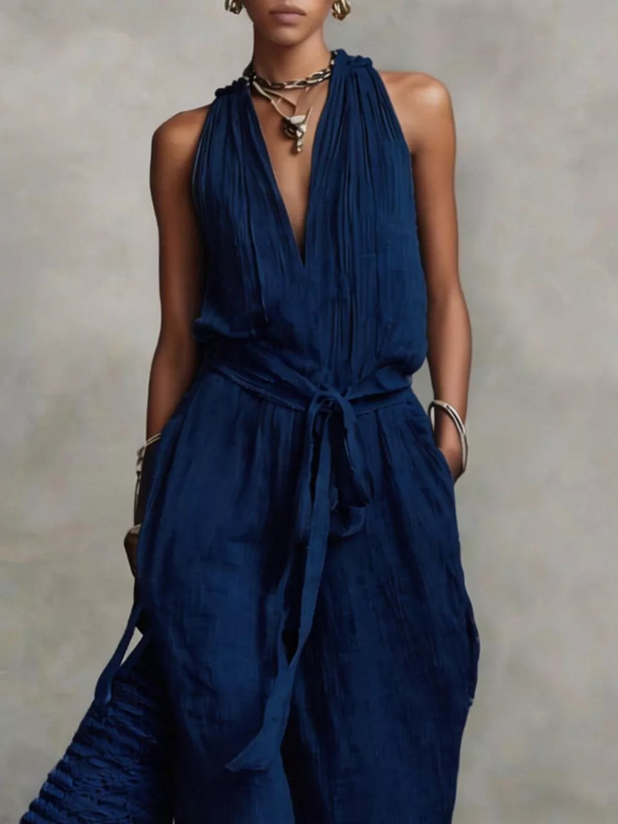 Navy jumpsuit with maxi and tie