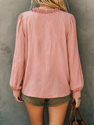 Frill V-neck Long Sleeve Blouse in White