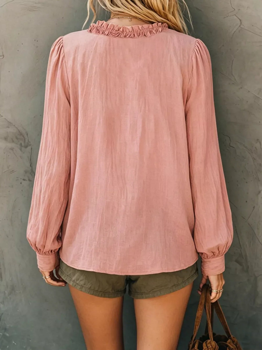 Frill V-neck Long Sleeve Blouse in White