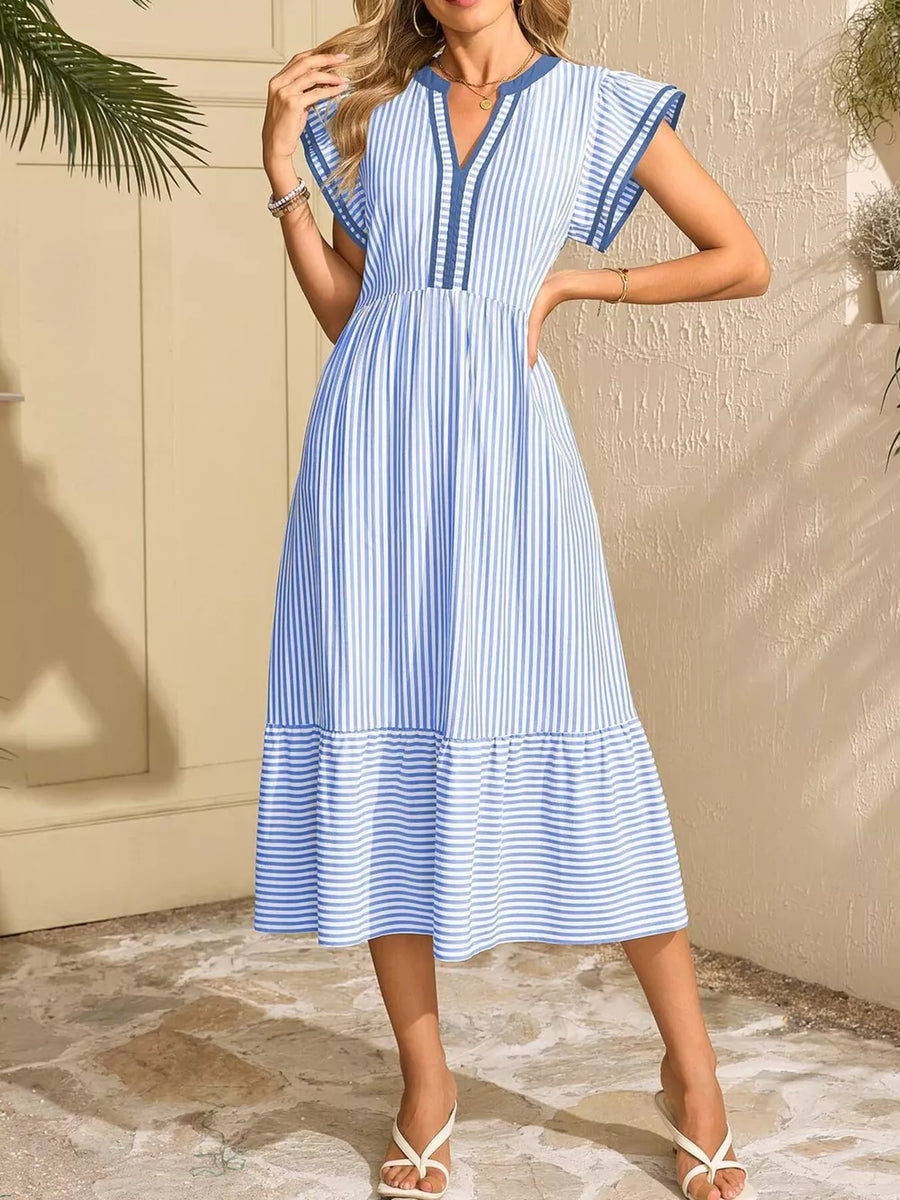 Blue striped midi dress with V-neck, ruffle sleeves, and tiered hem