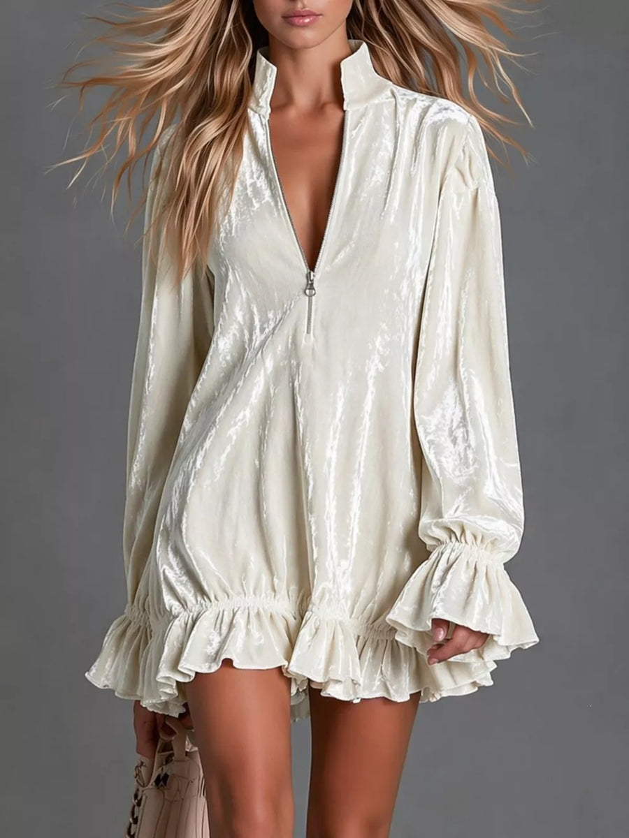 mini dress in ivory featuring ruffled and relaxed fit