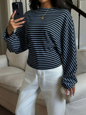 Casual Striped Long Sleeve Batwing T-Shirt in Brown with stretch